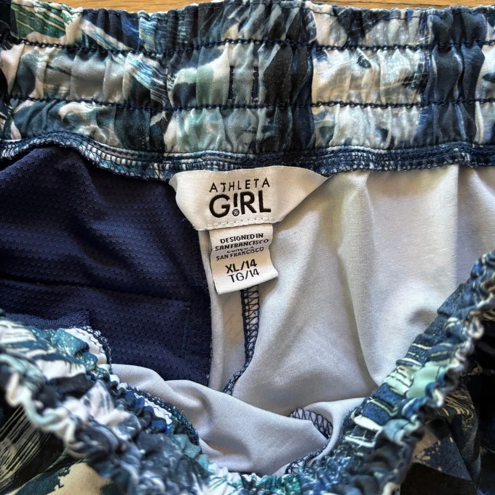 Athleta‎ Girl Shorts XL 14 Blue Abstract Print Athletic Running Gym Drawstring